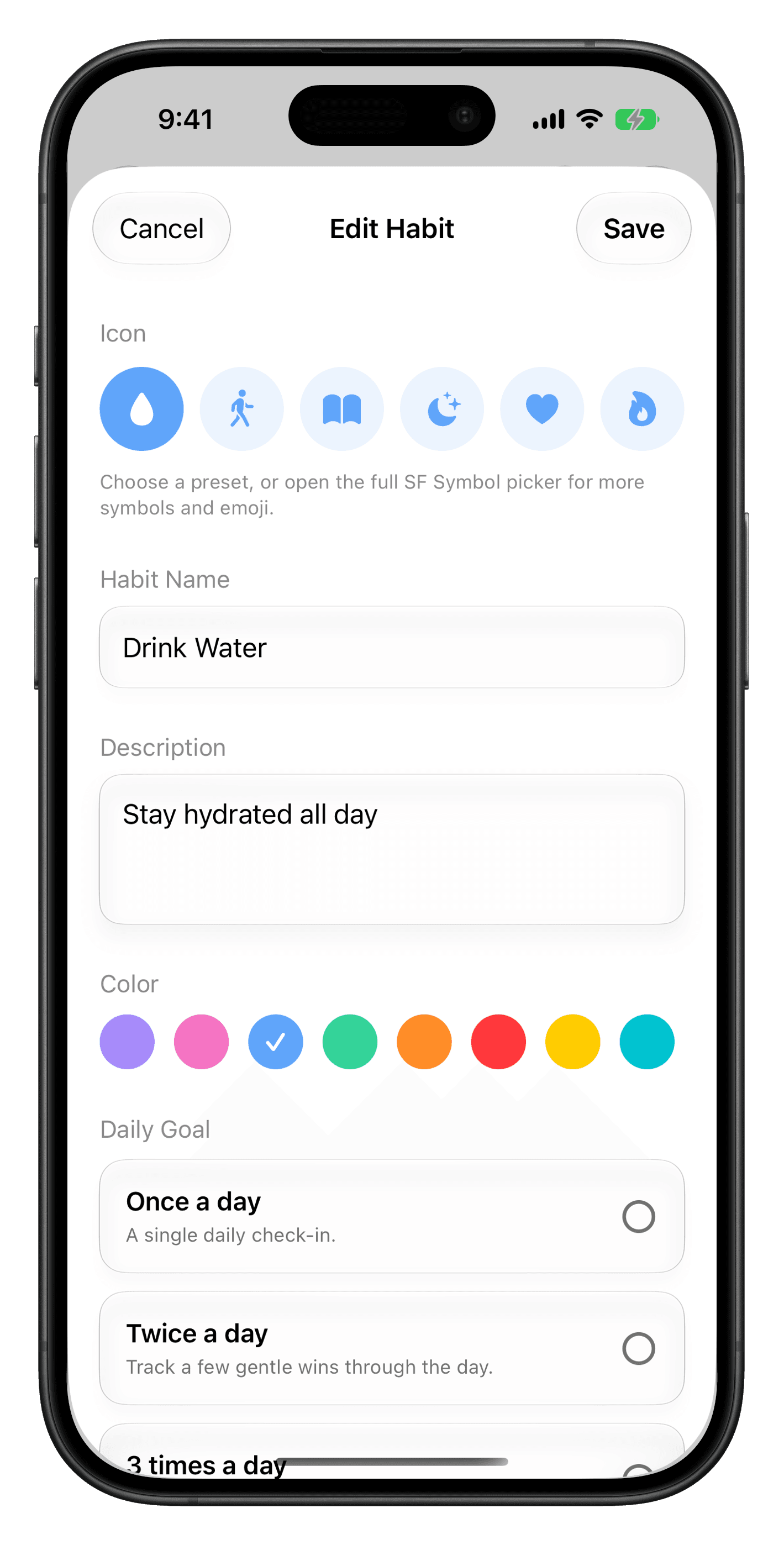 Proudly habit setup screen for creating a flexible daily habit