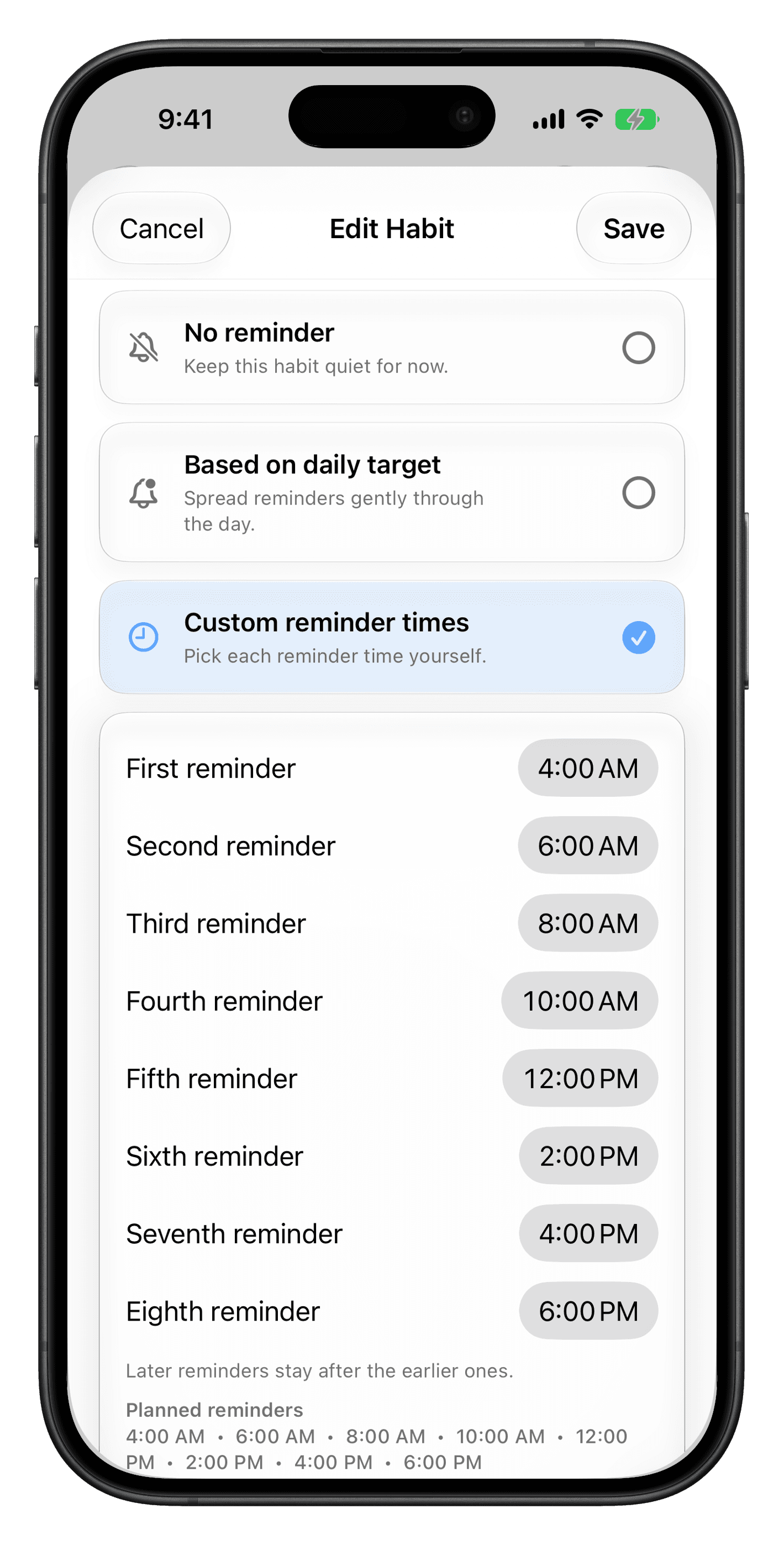Proudly reminder settings screen for gentle habit reminders